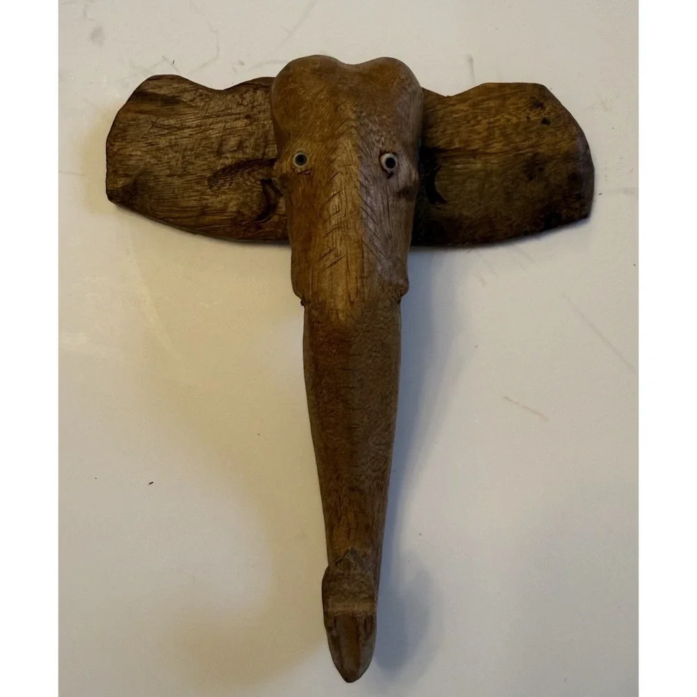 Vintage India  Hand Carved Wooden Elephant Wall Hooks Set Of 3